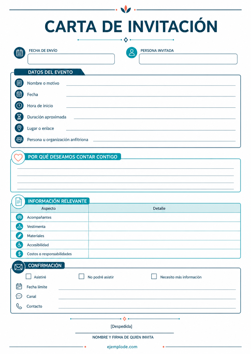 Formato vacío de invitación con datos del evento, indicaciones y confirmación