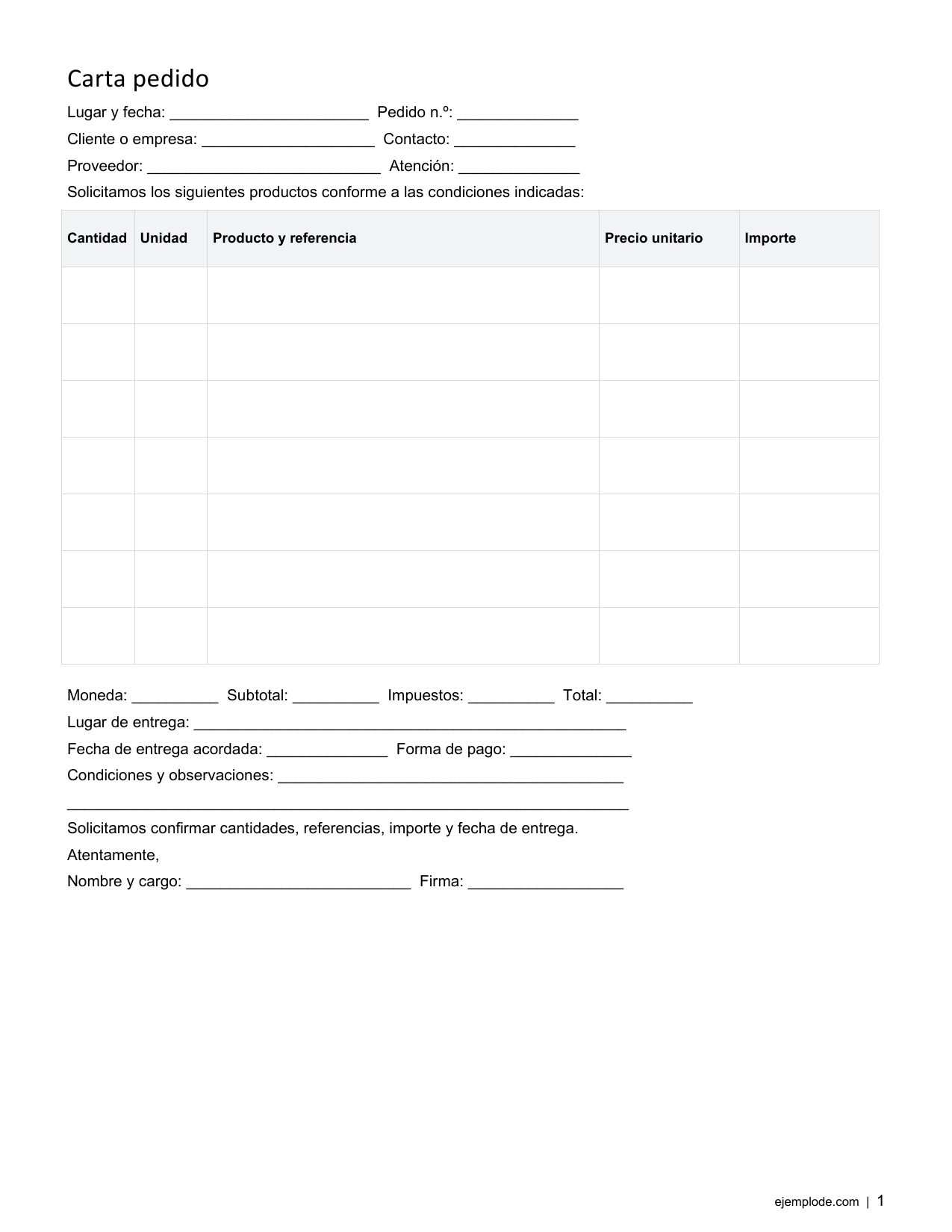 Formato vacío de carta pedido