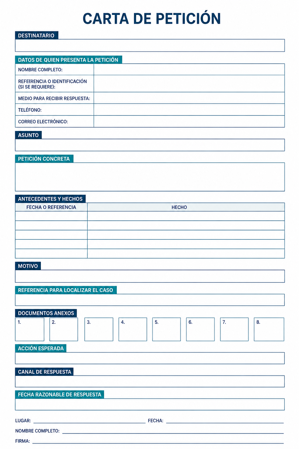 Formato vacío de carta de petición con referencia o identificación opcional y medio de respuesta