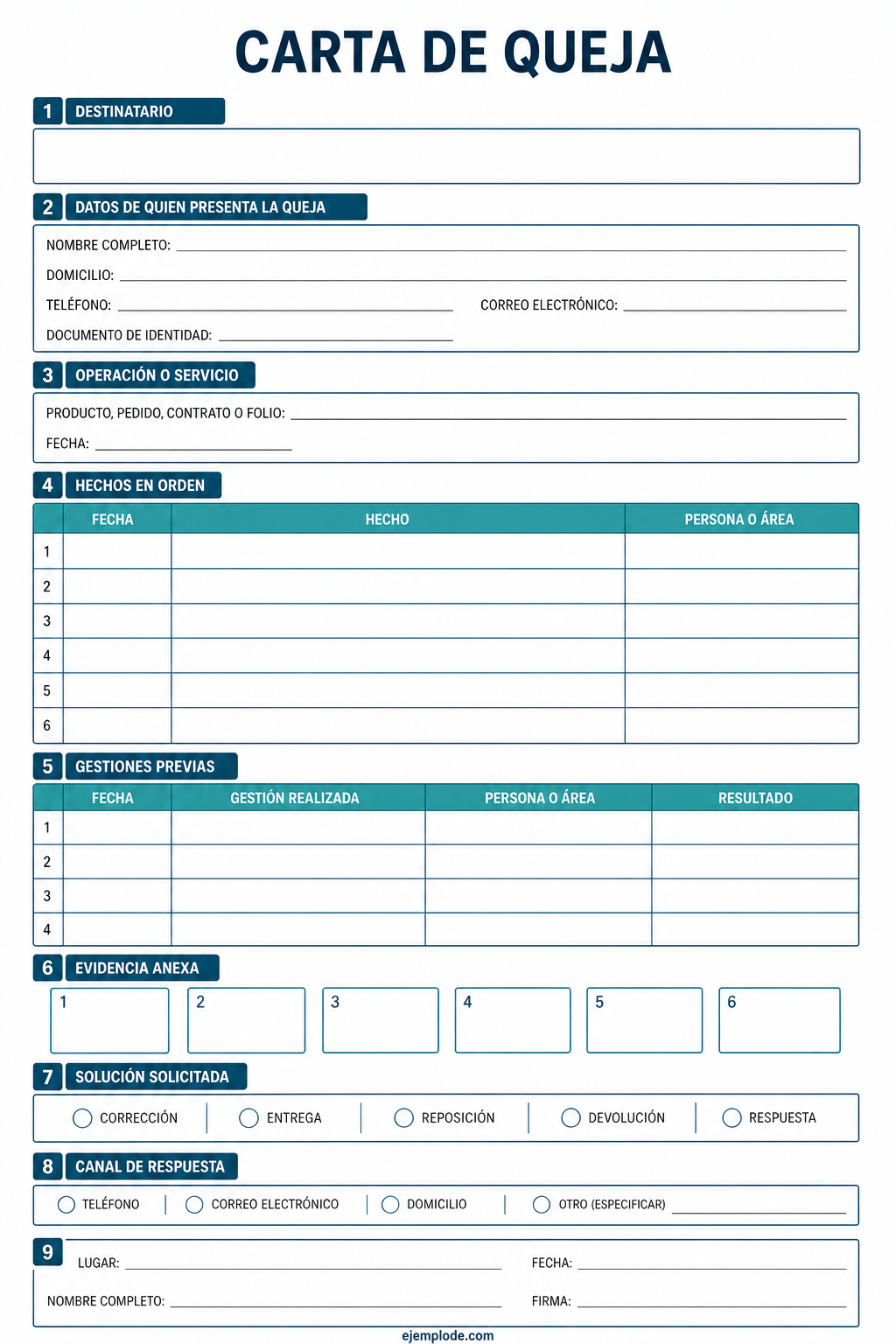 Formato vacío de carta de queja con operación, hechos, gestiones, evidencia y solución