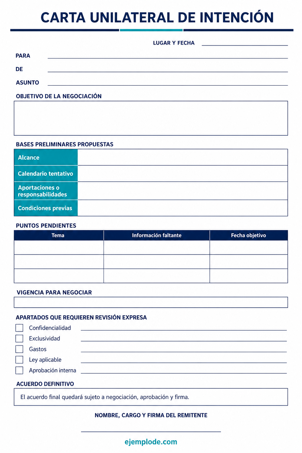 Formato vacío de carta unilateral de intención con una sola firma