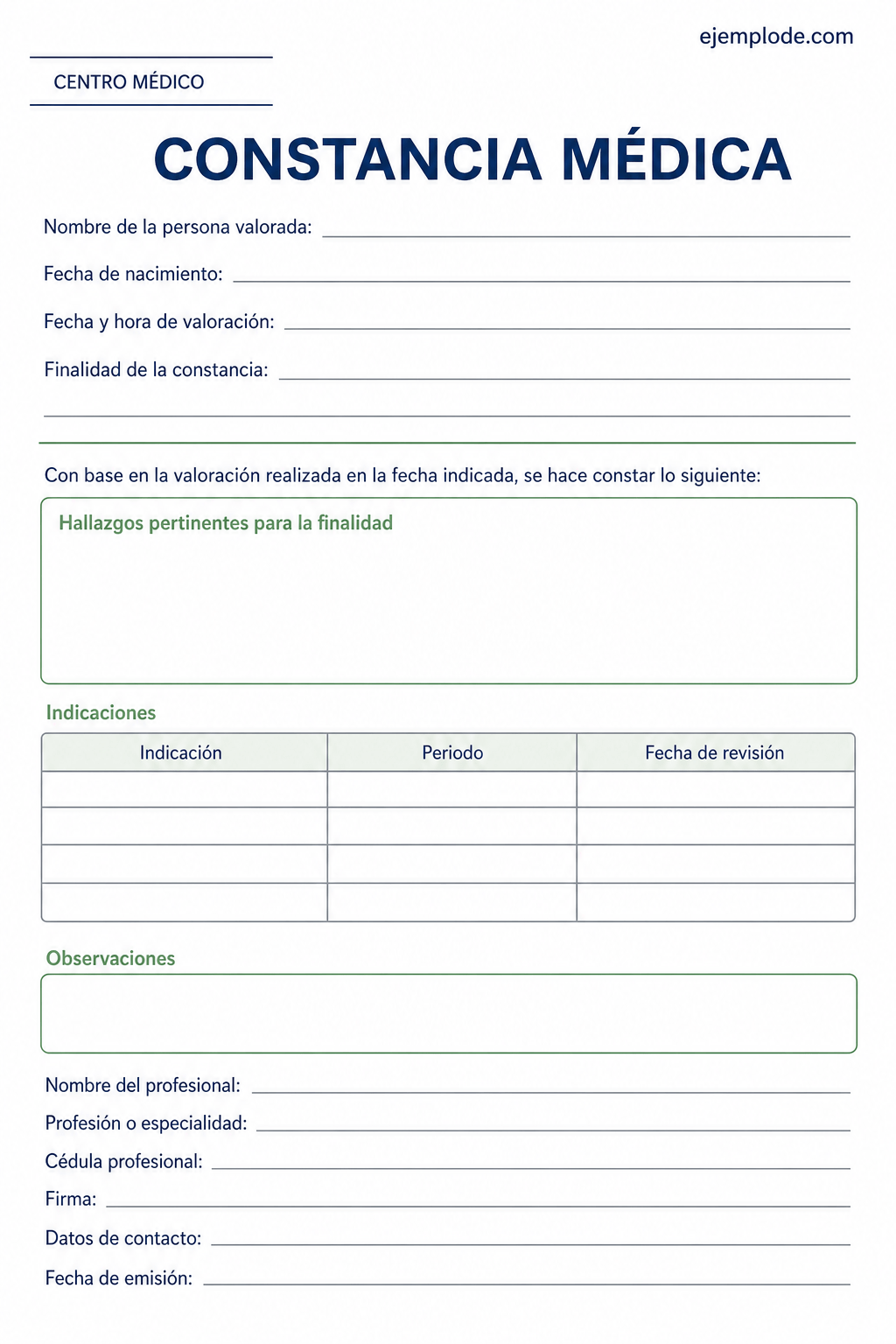 Formato de constancia médica con valoración, indicaciones y datos profesionales