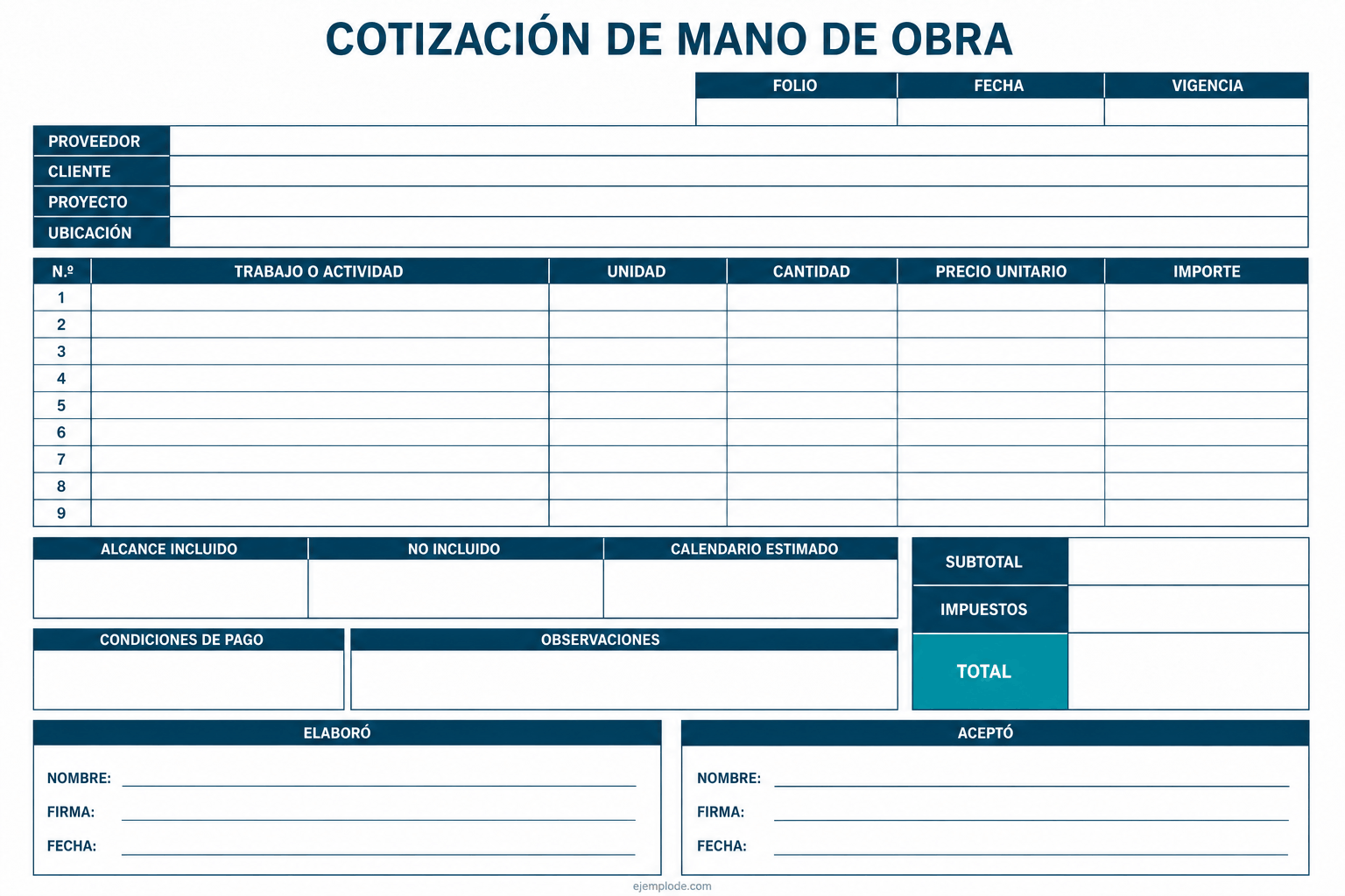 Formato vacío de cotización de mano de obra con conceptos, alcance, costos y aceptación