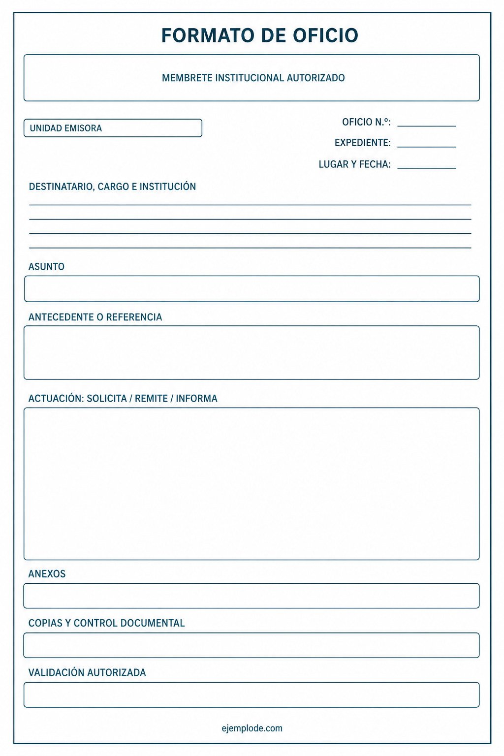 Formato vacío de oficio con espacio para destinatario, antecedente, cuerpo y validación