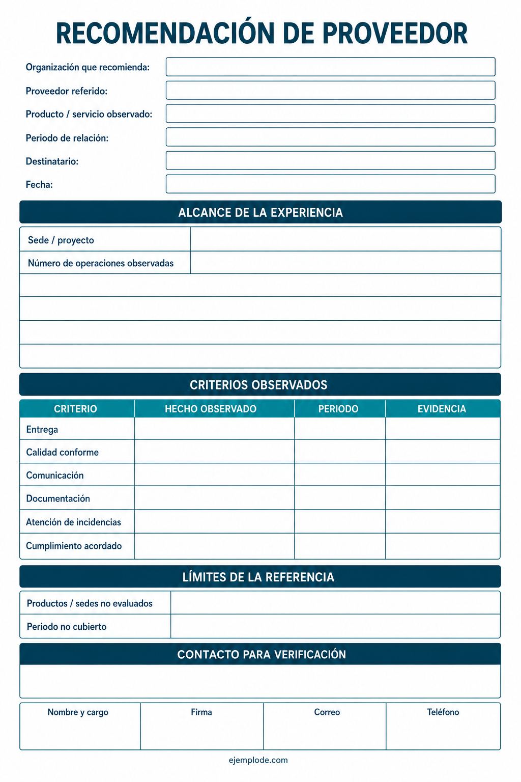 Hoja vacía para registrar el servicio, los hechos y los límites de la referencia