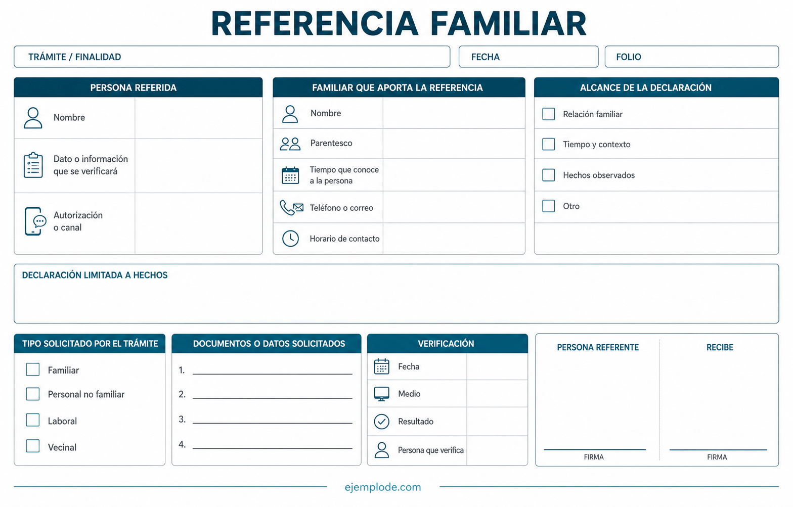 Formato vacío de referencia familiar con alcance, datos solicitados y verificación