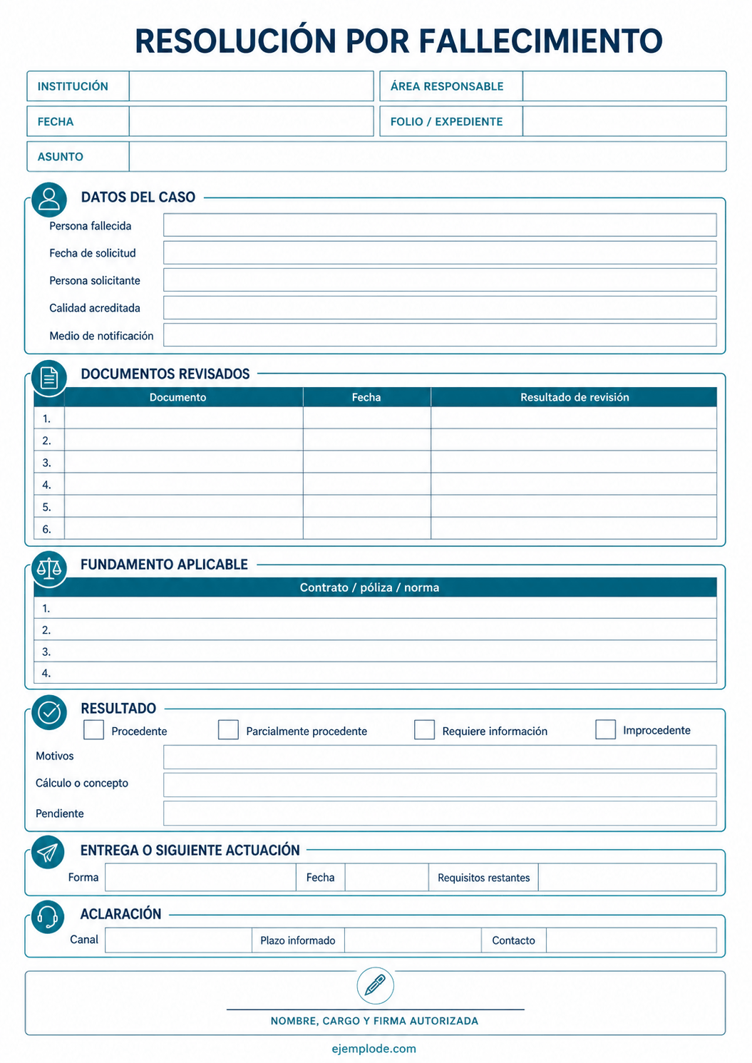 Formato vacío de resolución por fallecimiento con documentos, fundamento, resultado y aclaración