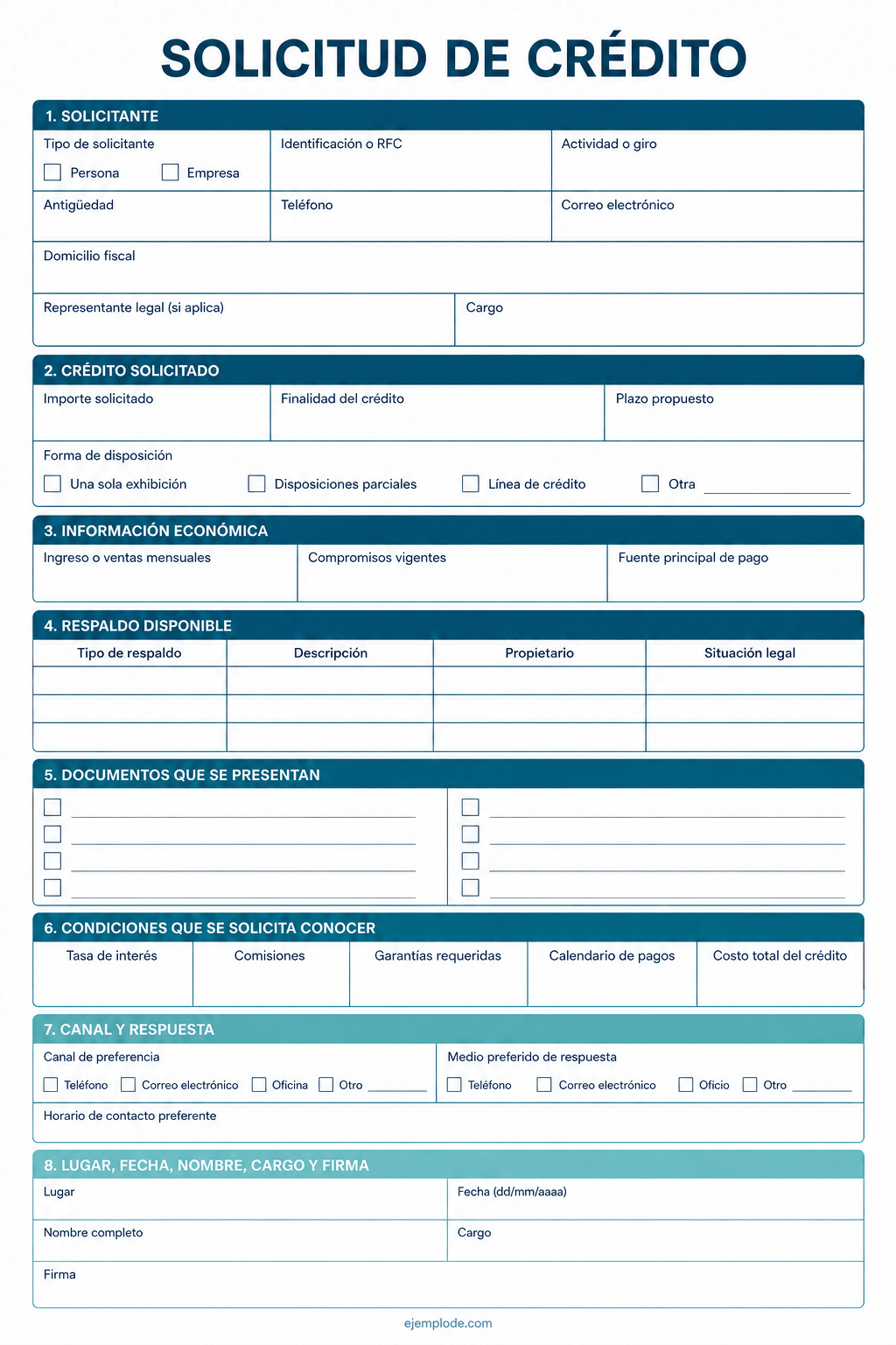 Formato vacío de solicitud de crédito con datos, capacidad de pago, respaldo y condiciones
