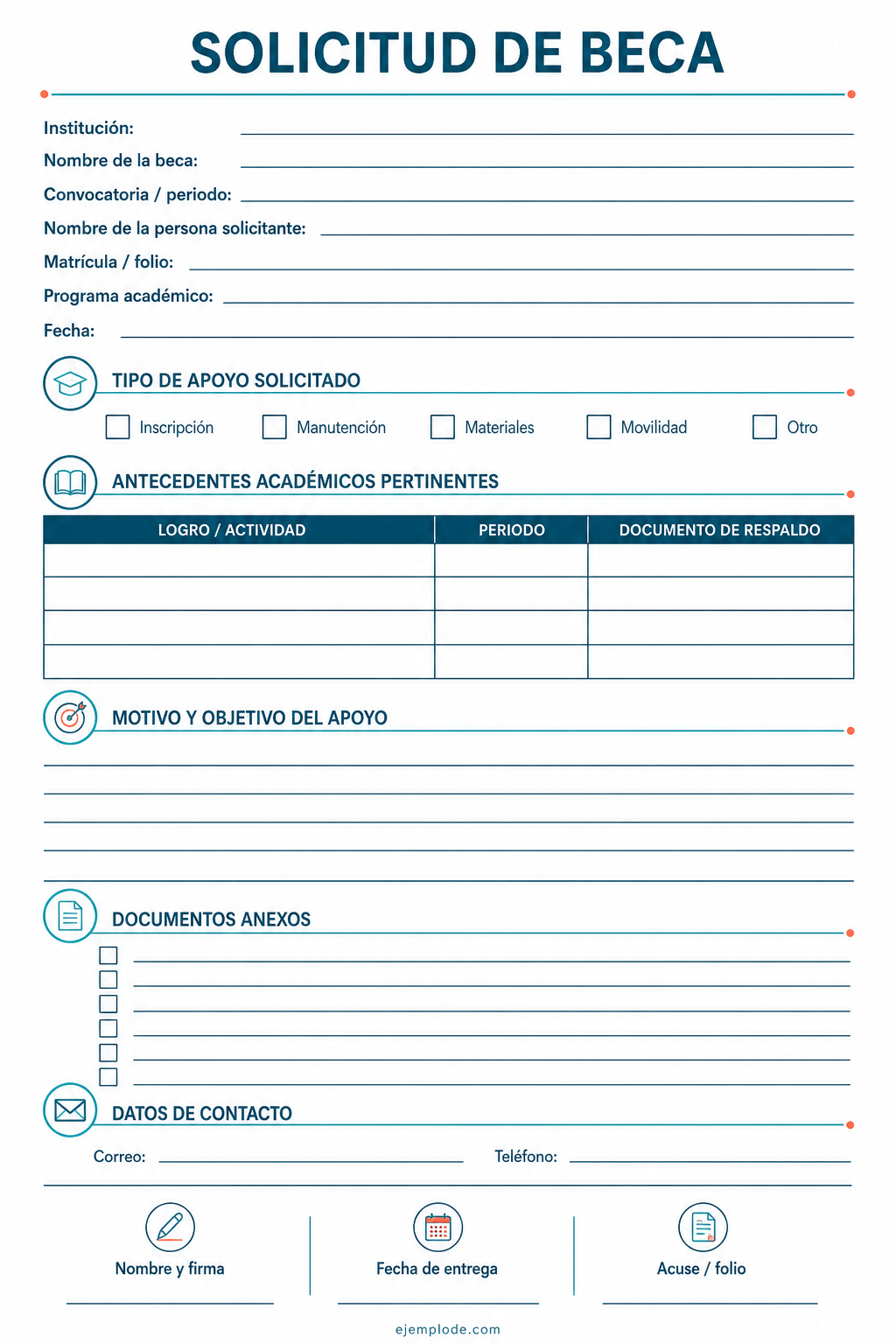 Formato vacío para reunir convocatoria, apoyo, antecedentes, objetivo y documentos anexos