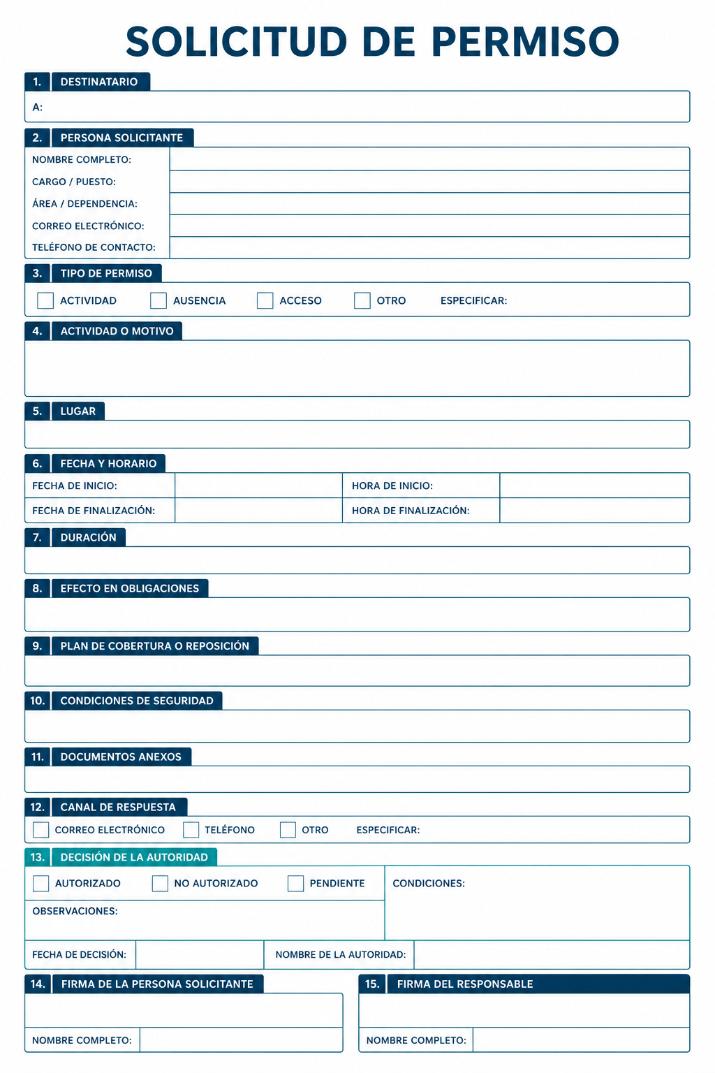 Formato vacío para solicitar un permiso y registrar la decisión