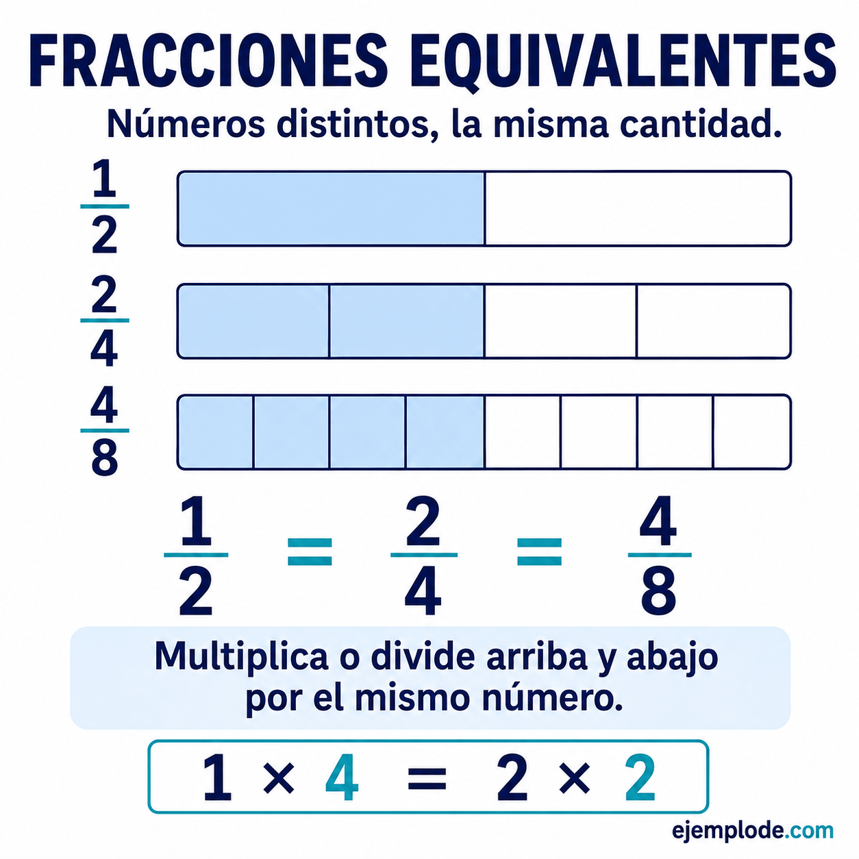Las fracciones un medio, dos cuartos y cuatro octavos representan la misma mitad