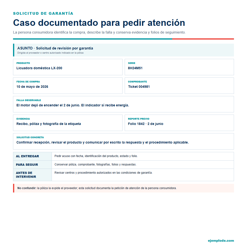 Solicitud de garantía de una licuadora con falla observable, comprobante y folio de atención