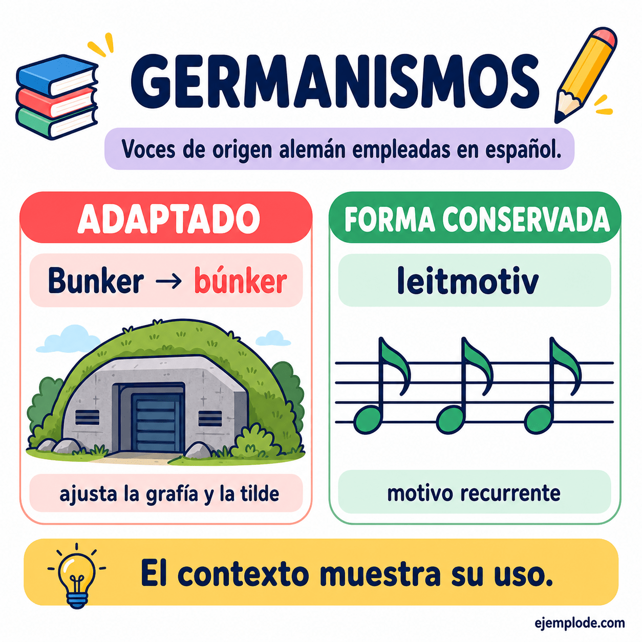 Germanismos búnker, leitmotiv, kitsch y kindergarten con su adaptación y significado en español