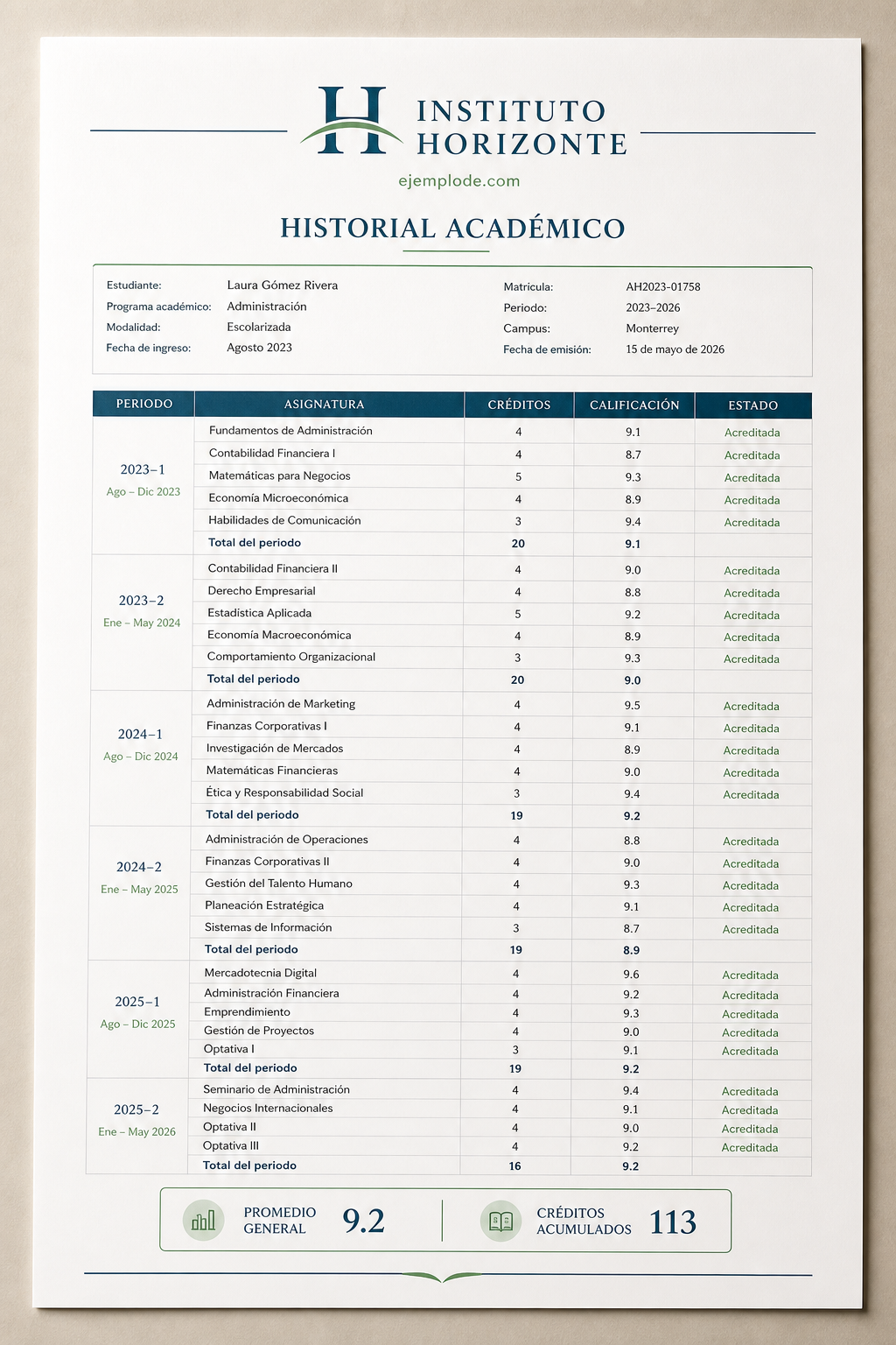 Historial académico ficticio en formato vertical