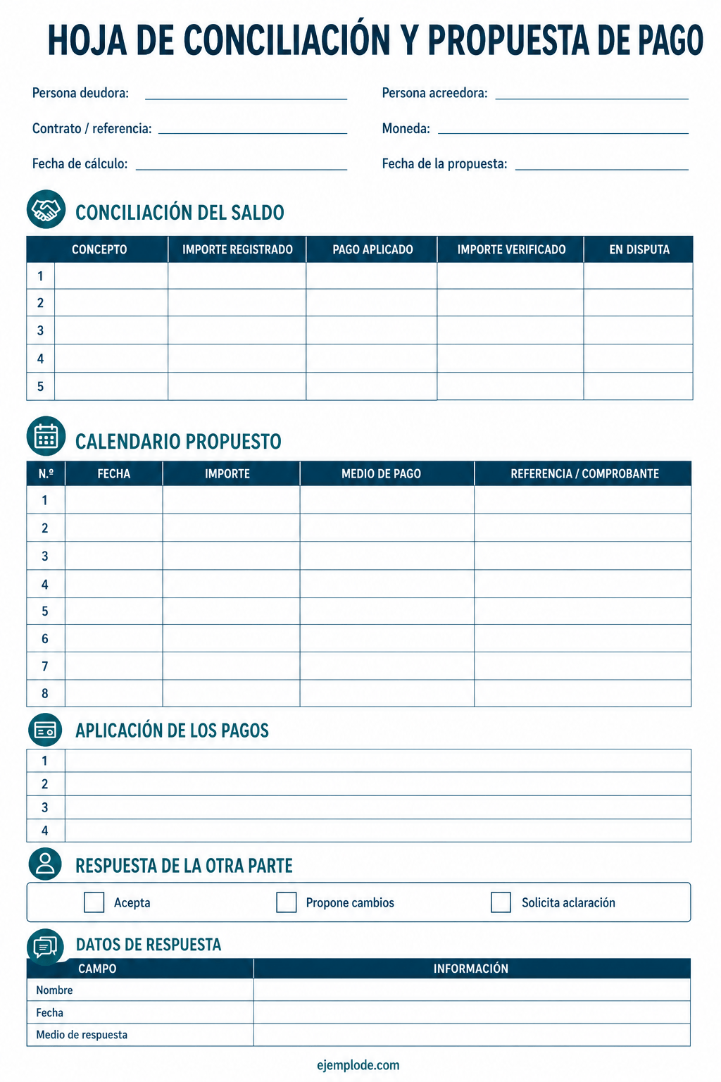 Formato vacío para conciliar un saldo, proponer pagos y registrar la respuesta de la otra parte
