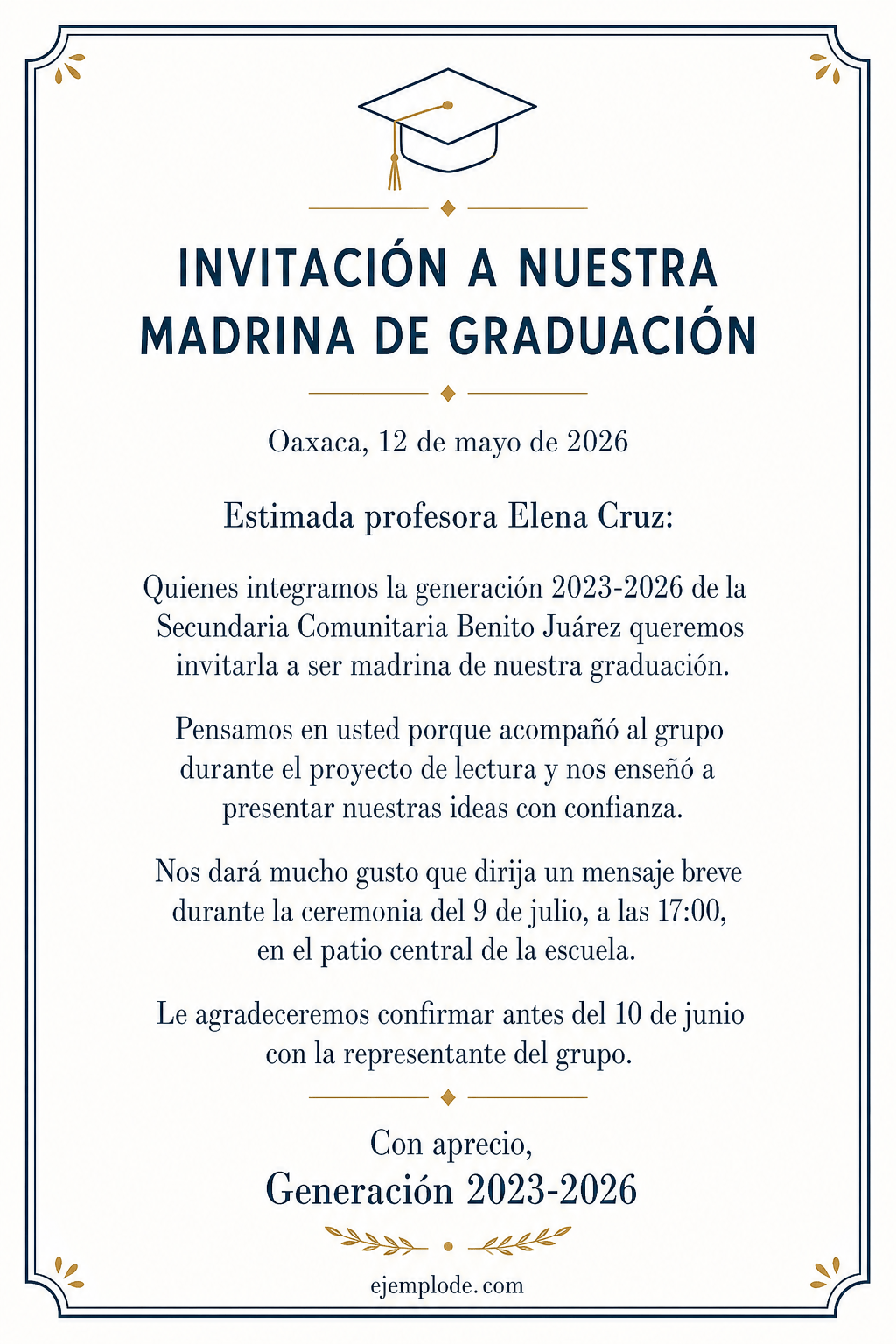 Invitación completa de la generación 2023-2026 a la profesora Elena Cruz como madrina de graduación
