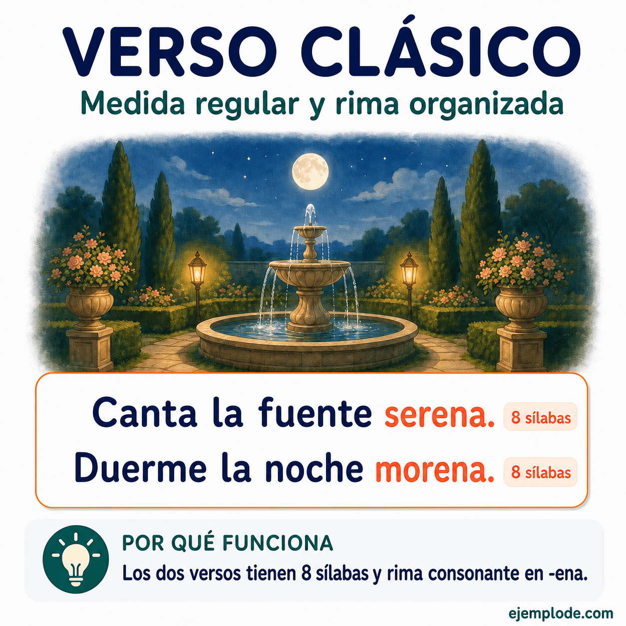 Infografía educativa sobre Verso clásico con ejemplos y claves de reconocimiento