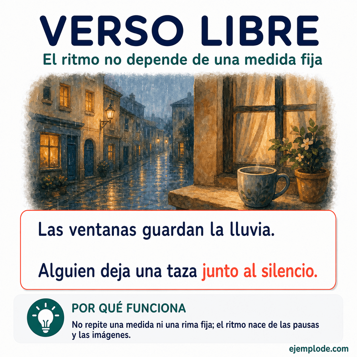 Infografía educativa sobre Verso libre con ejemplos y claves de reconocimiento
