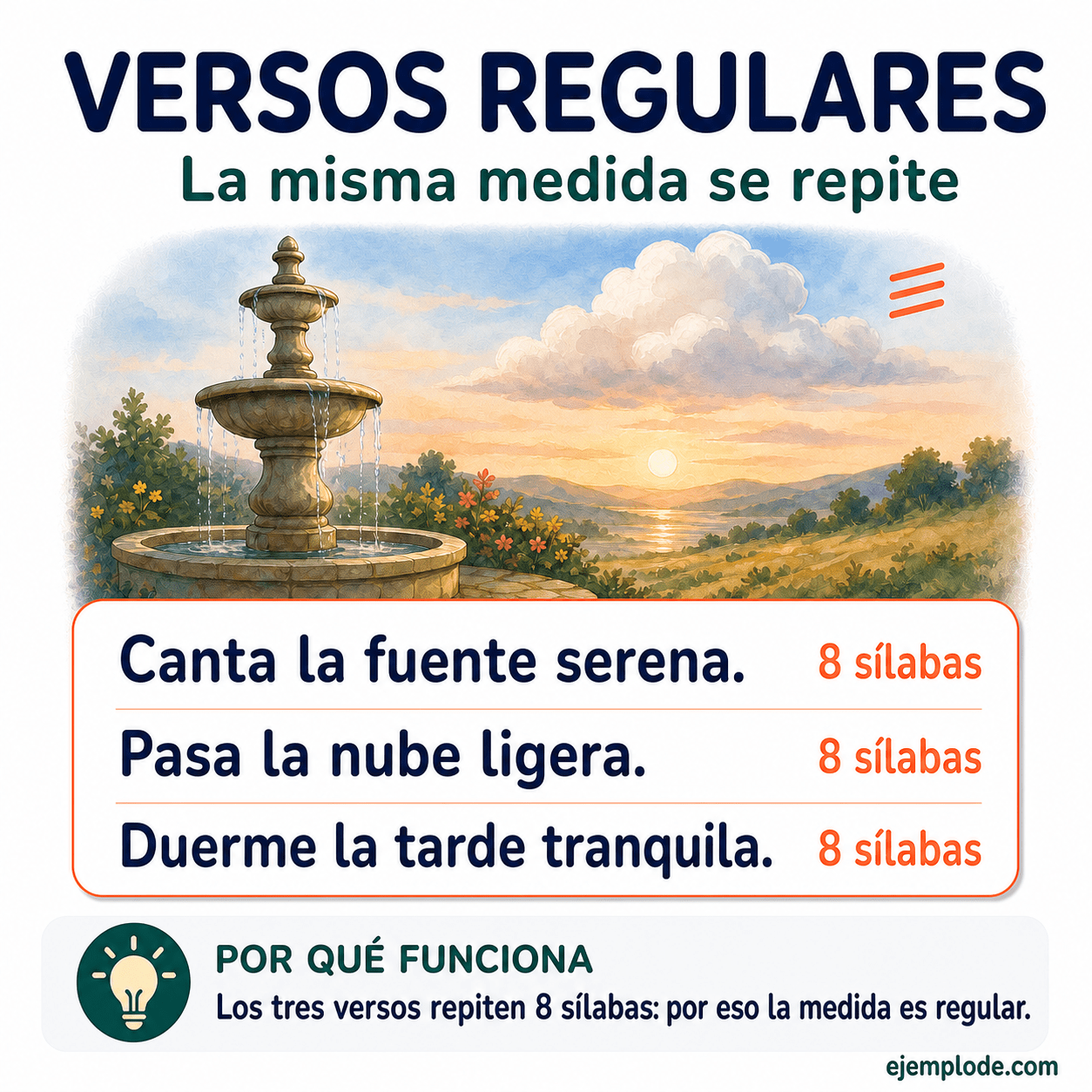 Infografía educativa sobre Versos regulares con ejemplos y claves de reconocimiento