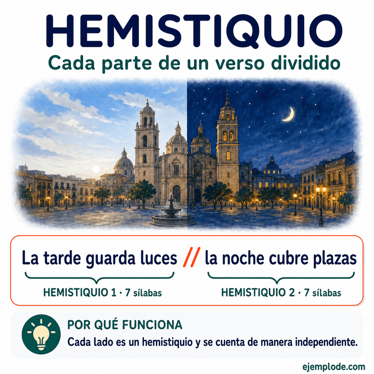 Infografía educativa sobre Hemistiquio con ejemplos y claves de reconocimiento