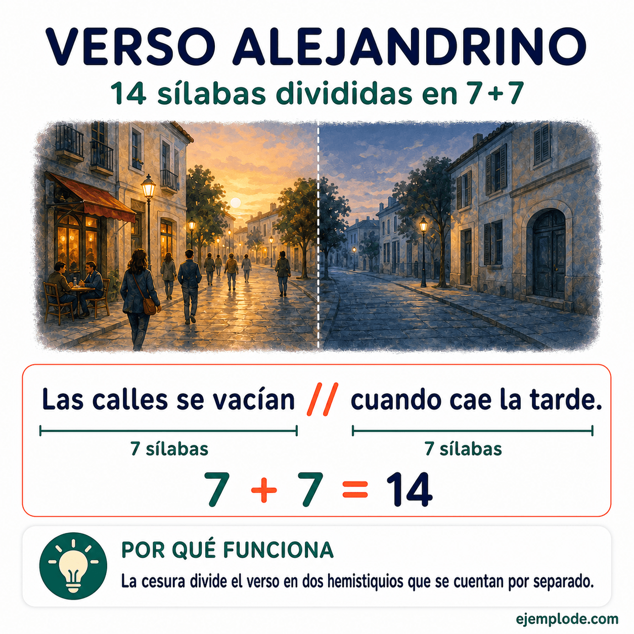Infografía educativa sobre Versos alejandrinos con ejemplos y claves de reconocimiento