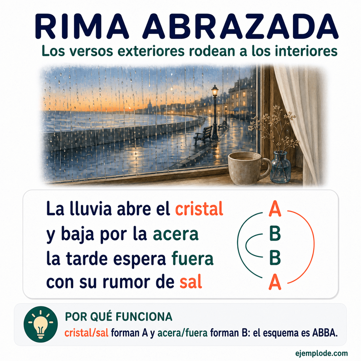 Infografía educativa sobre Rima abrazada con ejemplos y claves de reconocimiento