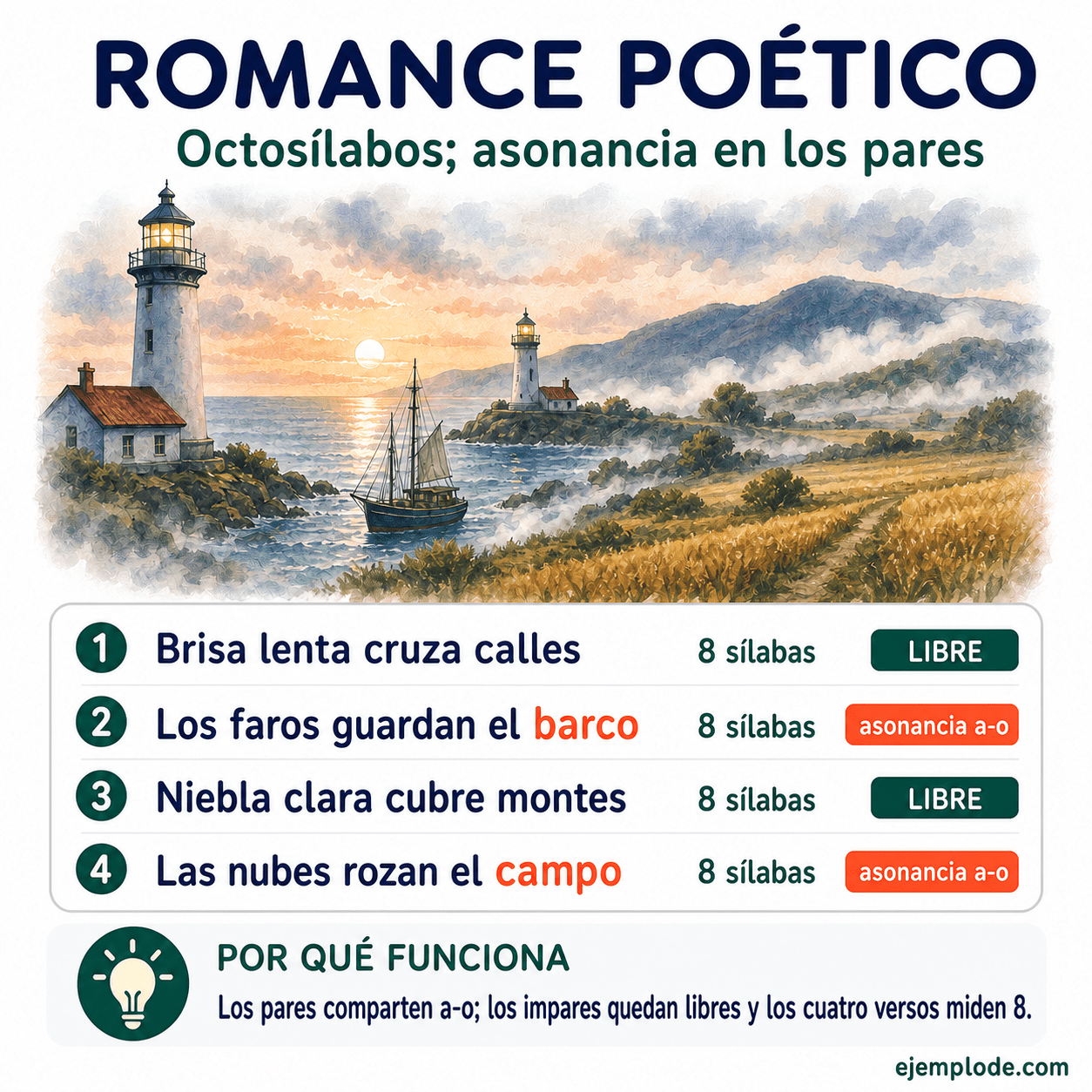Infografía educativa sobre Romance poético: estructura y ejemplos con ejemplos y claves de reconocimiento