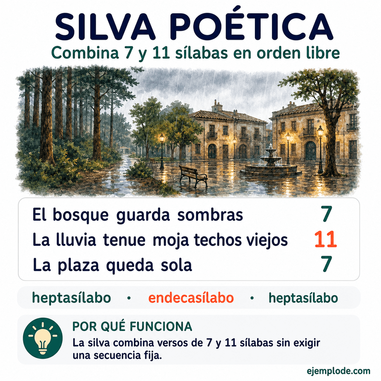 Infografía educativa sobre Silva poética: estructura y ejemplos con ejemplos y claves de reconocimiento