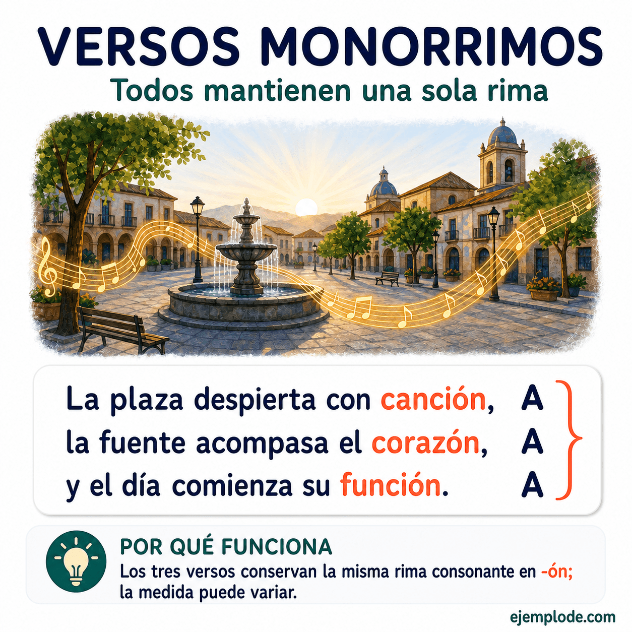 Infografía educativa sobre Versos monorrimos: qué son y ejemplos con ejemplos y claves de reconocimiento