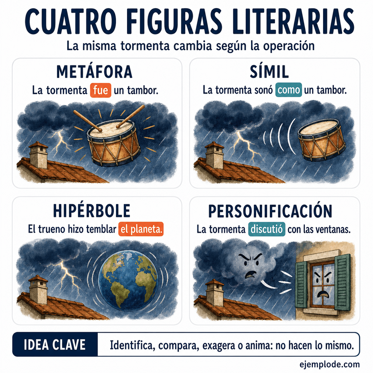 Infografía educativa sobre Metáfora, comparación, hipérbole y personificación con ejemplos y claves de reconocimiento