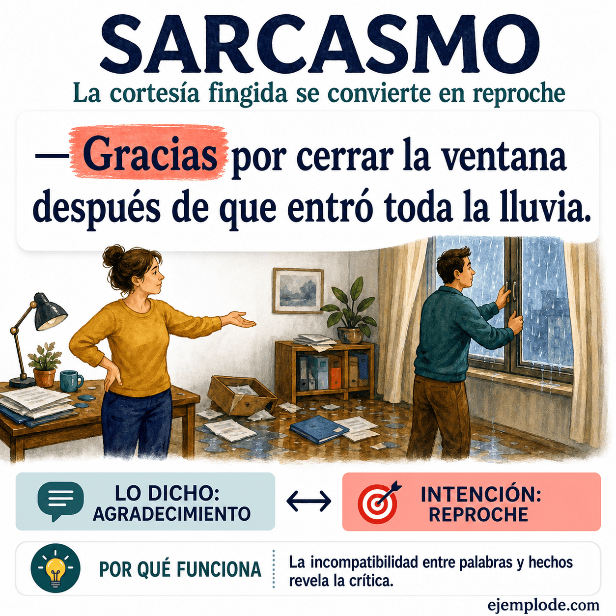 Infografía educativa sobre Sarcasmo con ejemplos y claves de reconocimiento