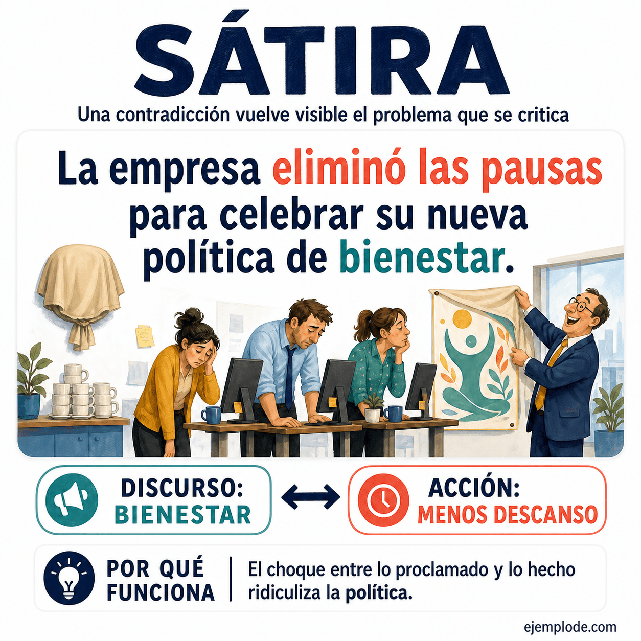 Infografía educativa sobre Sátira con ejemplos y claves de reconocimiento