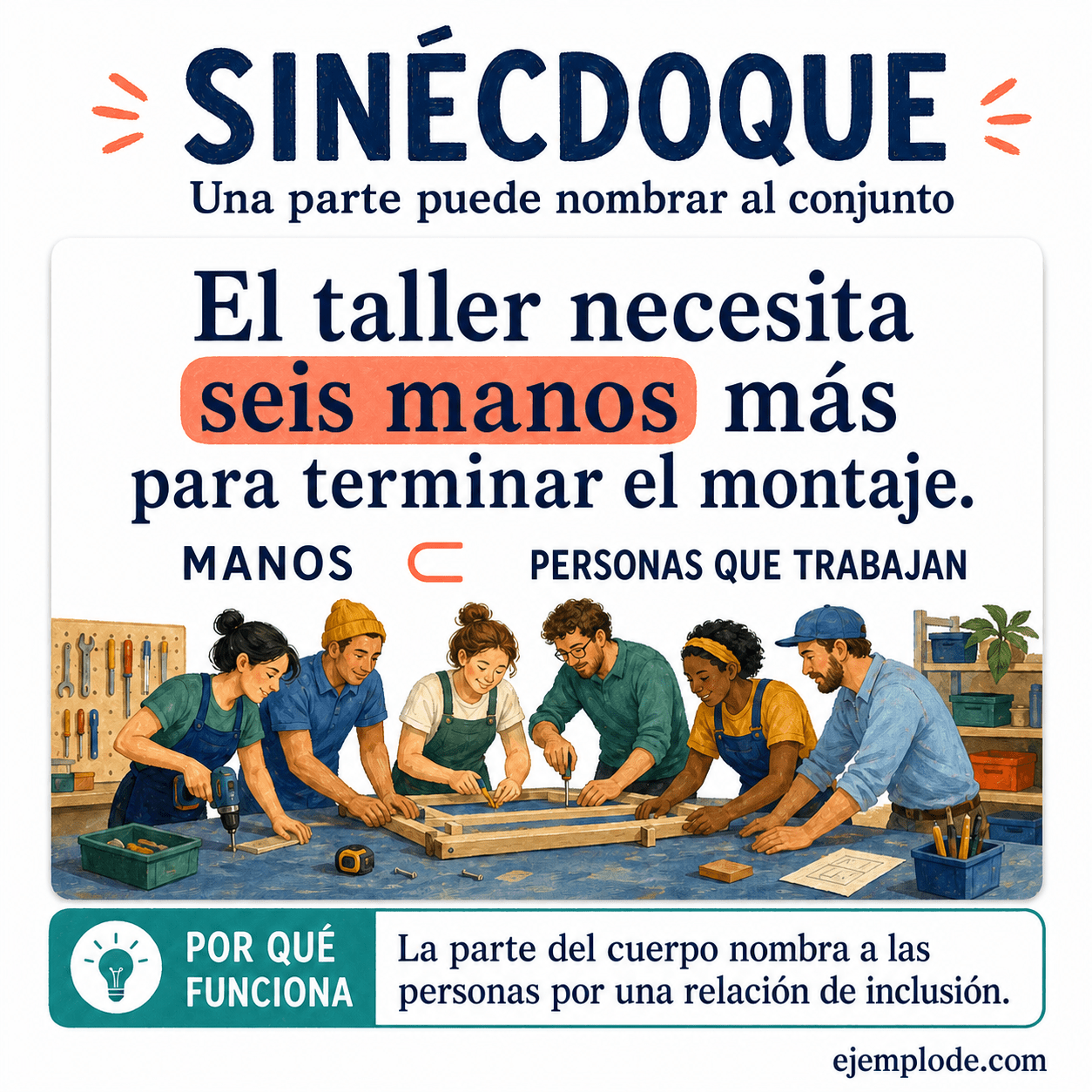 Infografía educativa sobre Sinécdoque con ejemplos y claves de reconocimiento