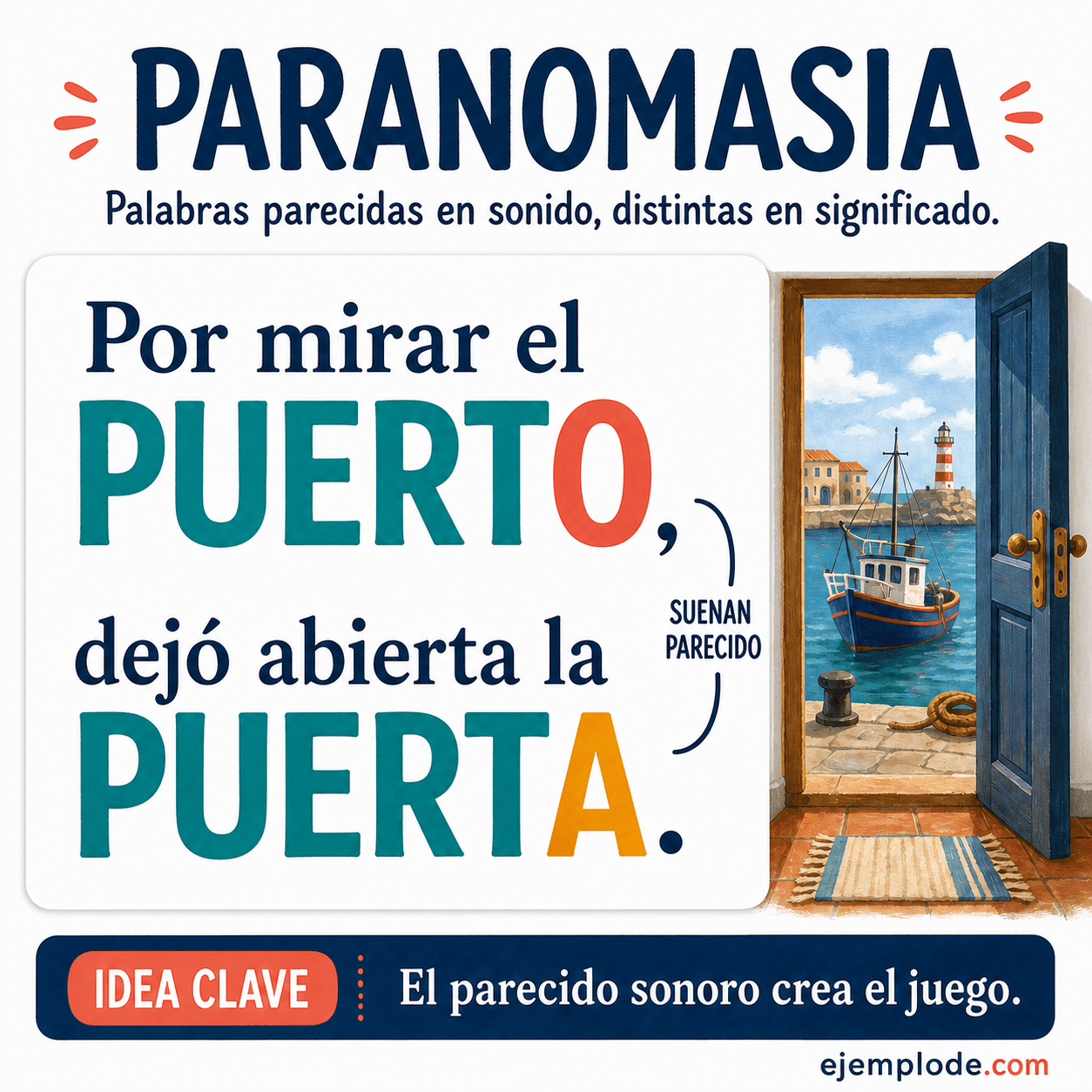 Infografía educativa sobre Paranomasia con ejemplos y claves de reconocimiento