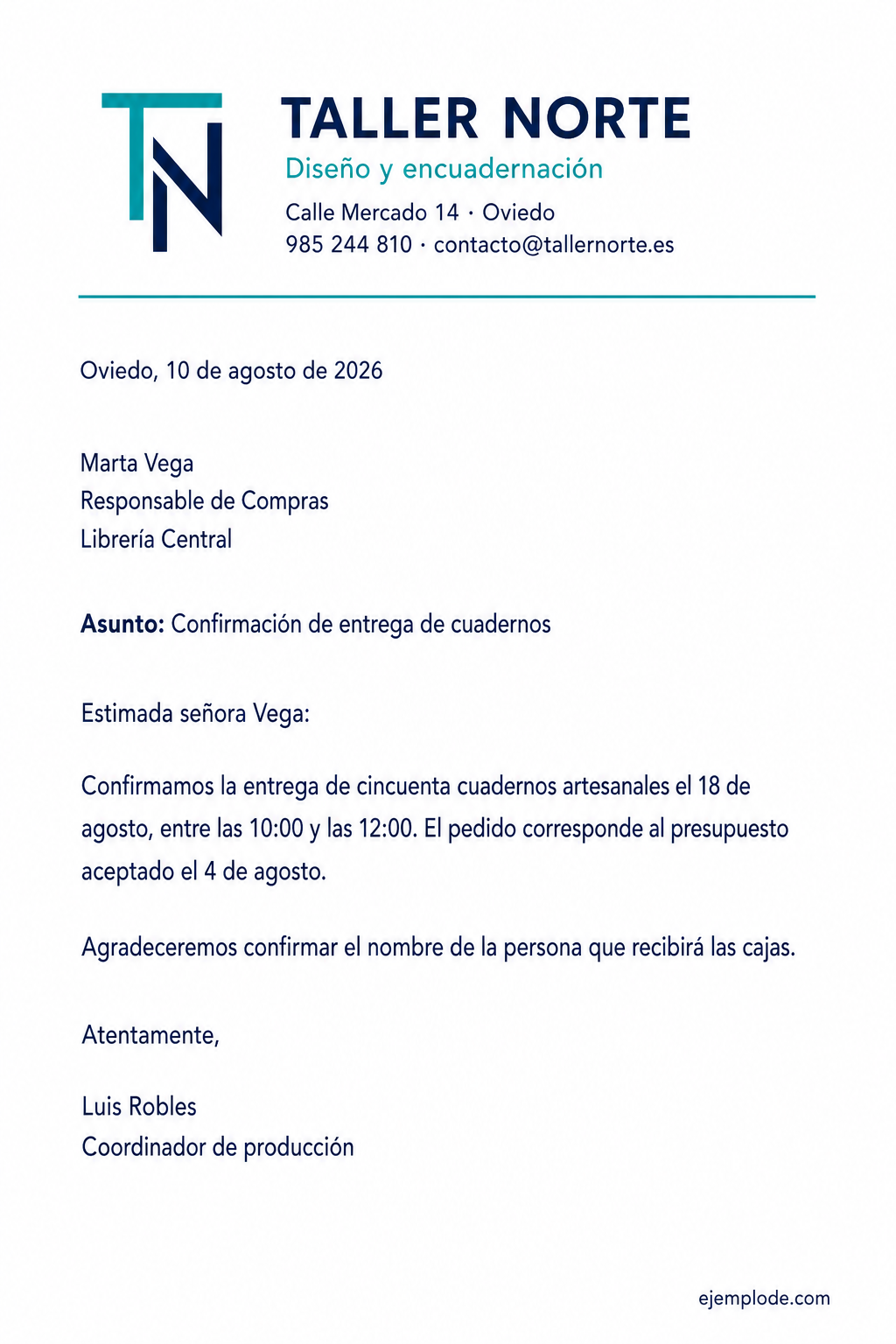 Carta completa de Taller Norte con membrete, destinatario, asunto, mensaje y firma