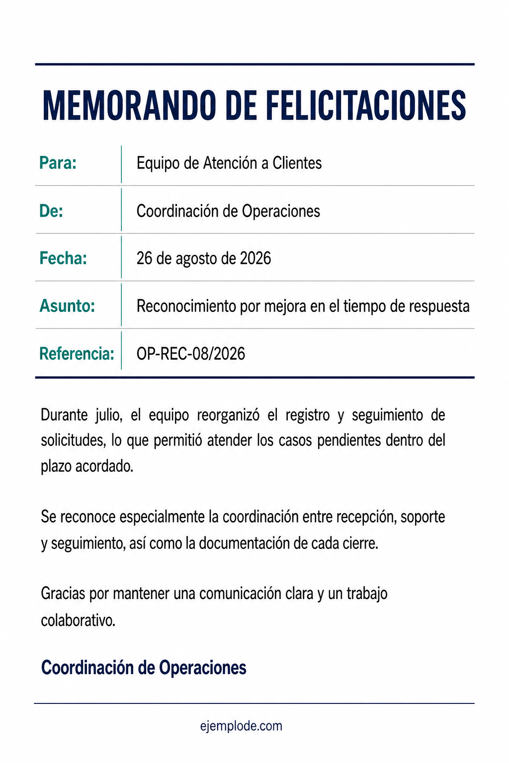 Memorando completo de felicitaciones a un equipo de atención a clientes
