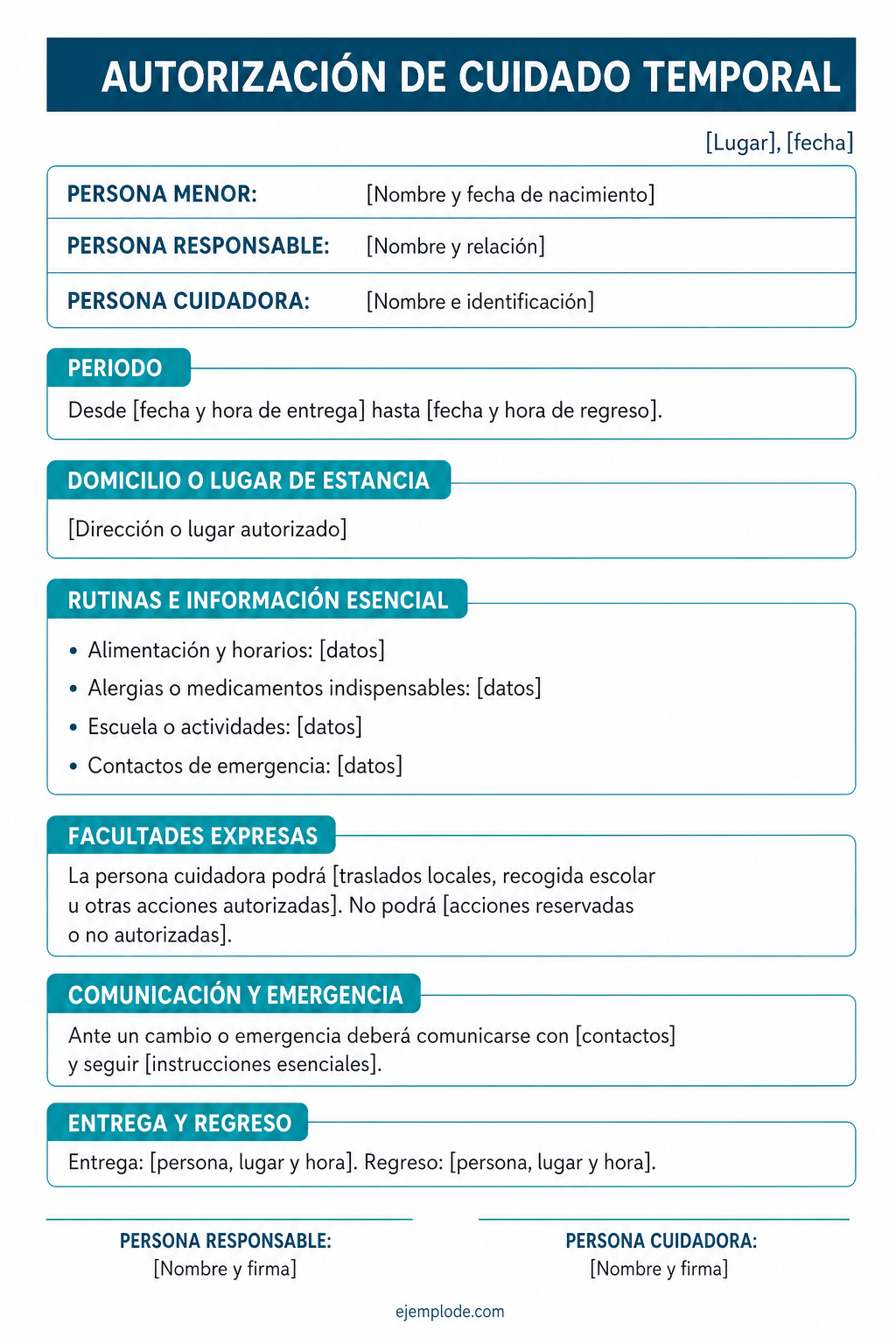 Formato vacío de autorización de cuidado temporal