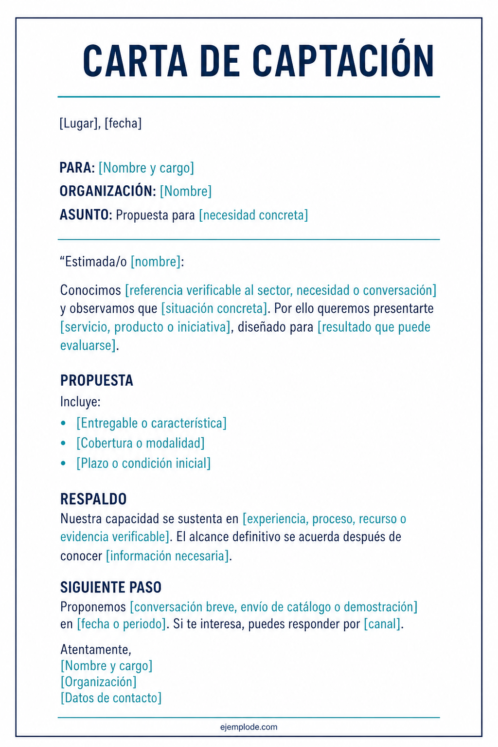 Modelo vacío de carta de captación con propuesta y siguiente paso
