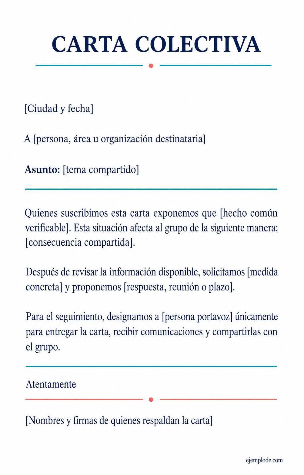 Modelo vacío de carta colectiva con campos para hechos, petición, portavoz, nombres y firmas