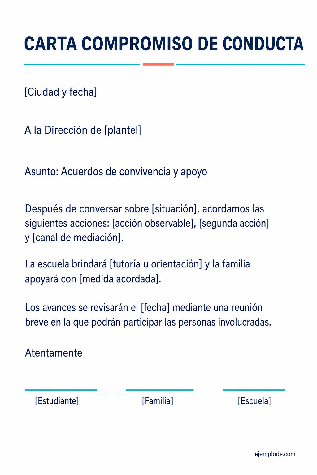 Modelo vacío de compromiso de conducta con acciones, apoyos, seguimiento y firmas