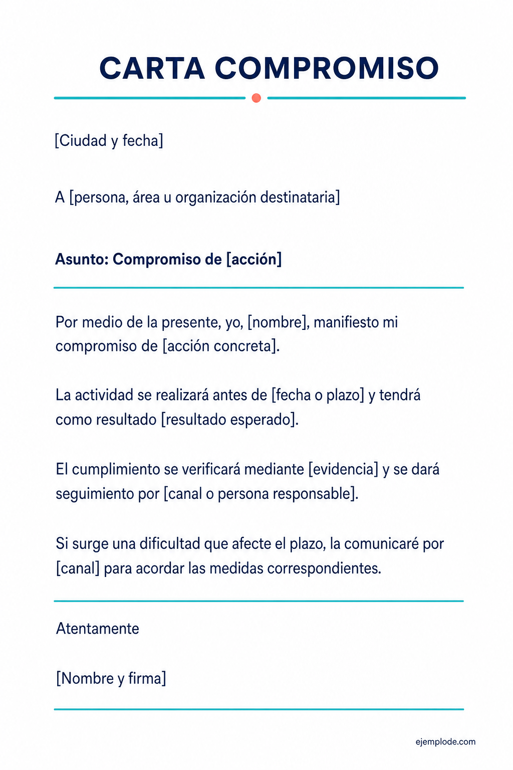 Modelo vacío de carta compromiso con campos para acción, plazo, alcance, evidencia y seguimiento