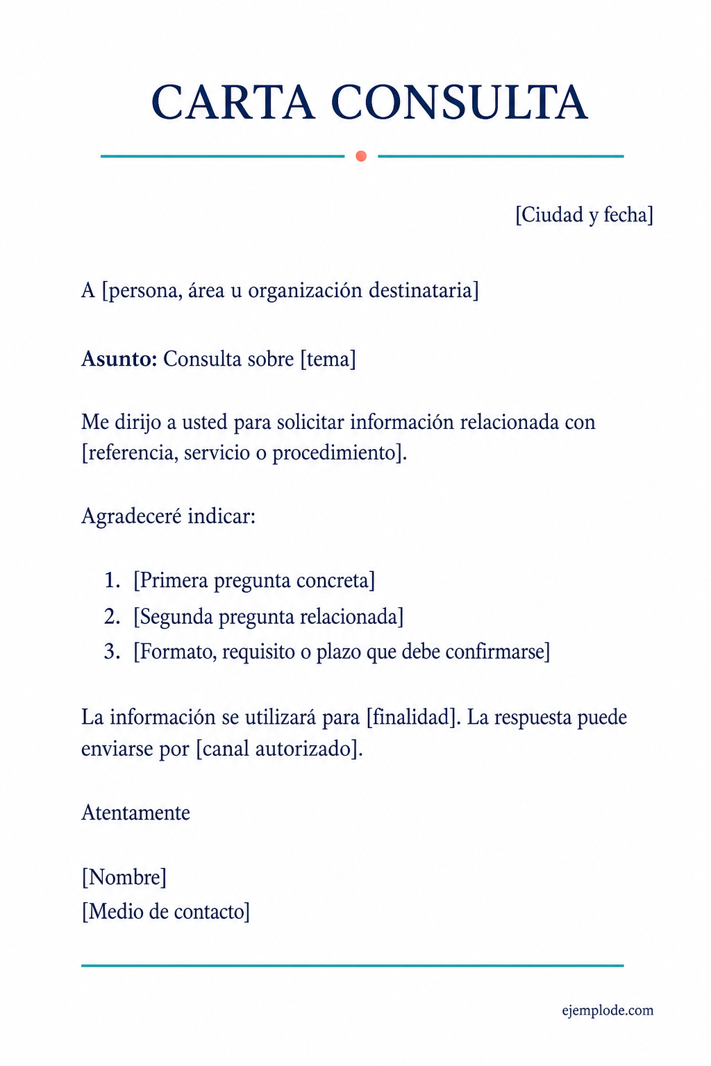 Modelo vacío de carta de consulta con campos para tema, preguntas, formato, finalidad y canal
