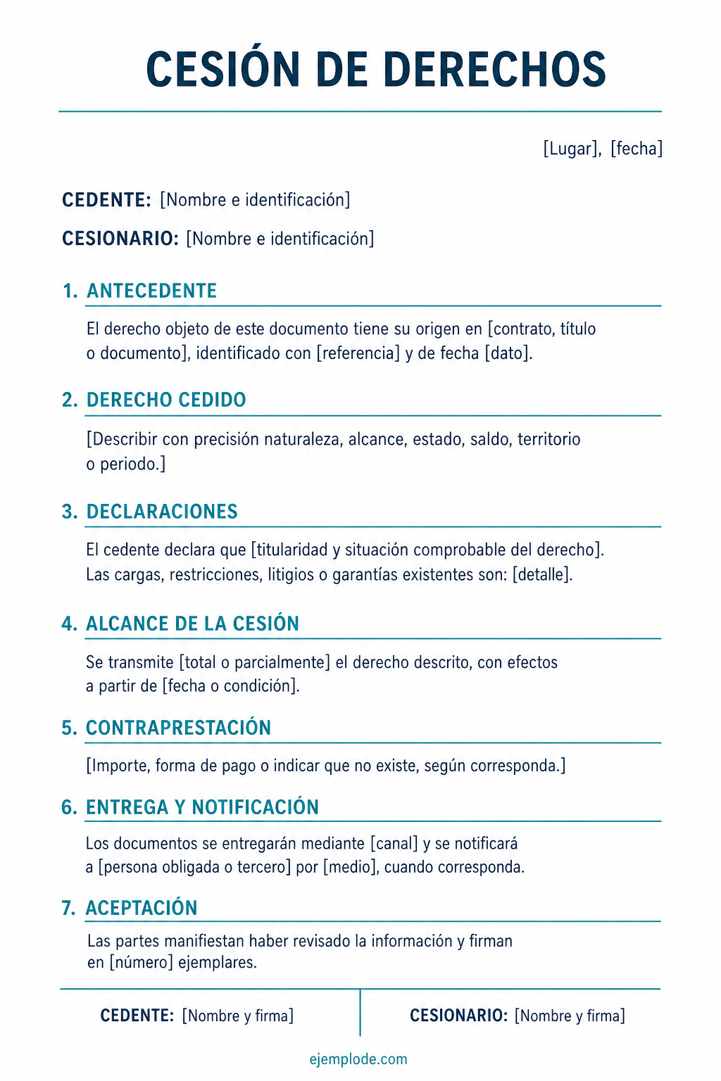 Formato vacío de cesión de derechos para completar