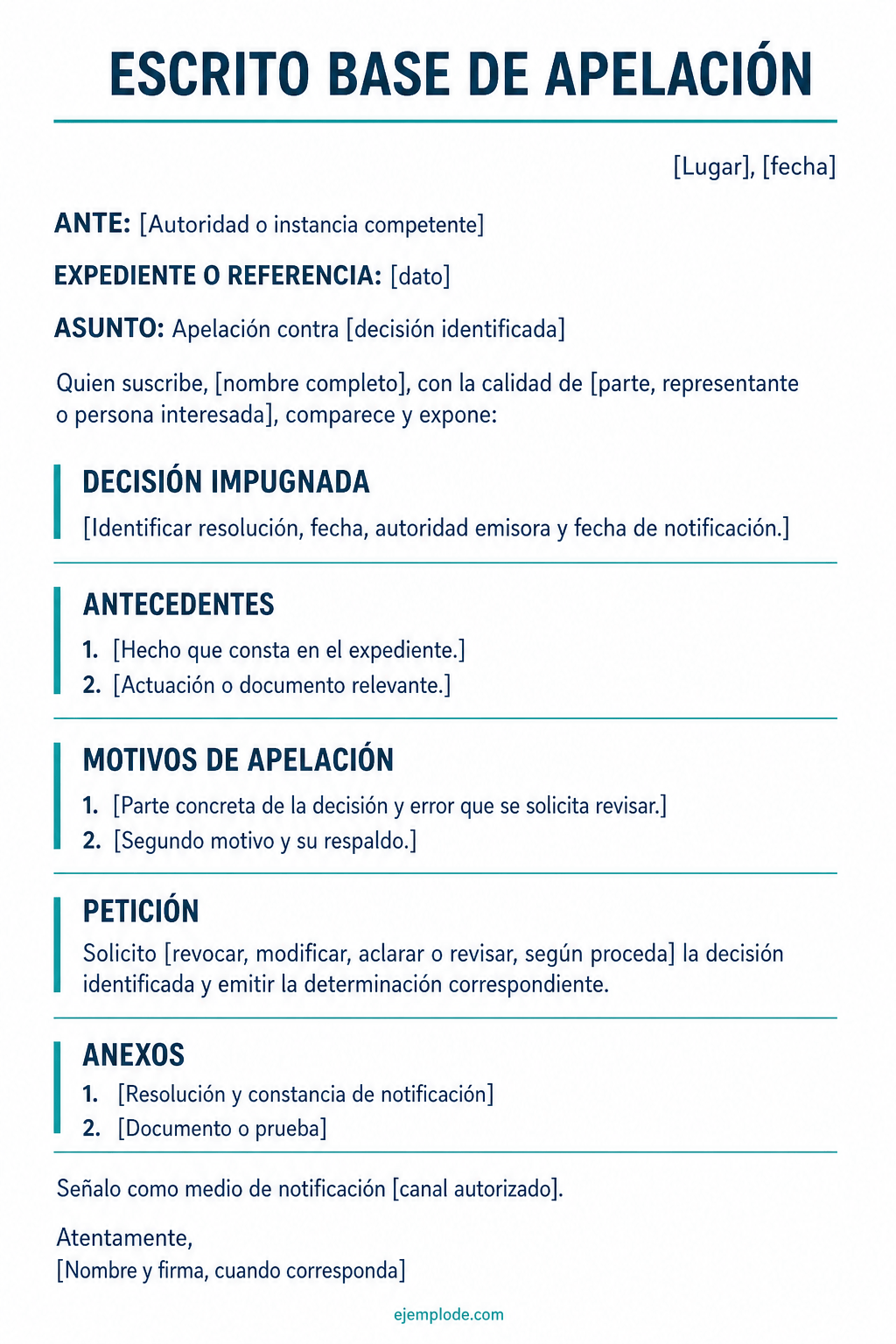 Formato vacío de escrito de apelación para completar