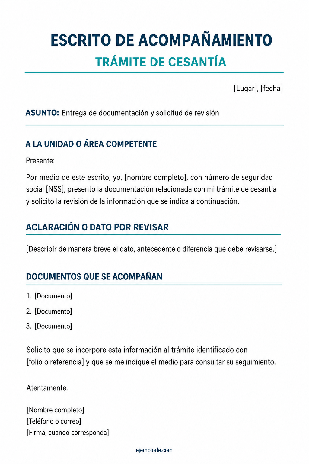 Escrito auxiliar vacío para relacionar una aclaración y documentos con un trámite de cesantía