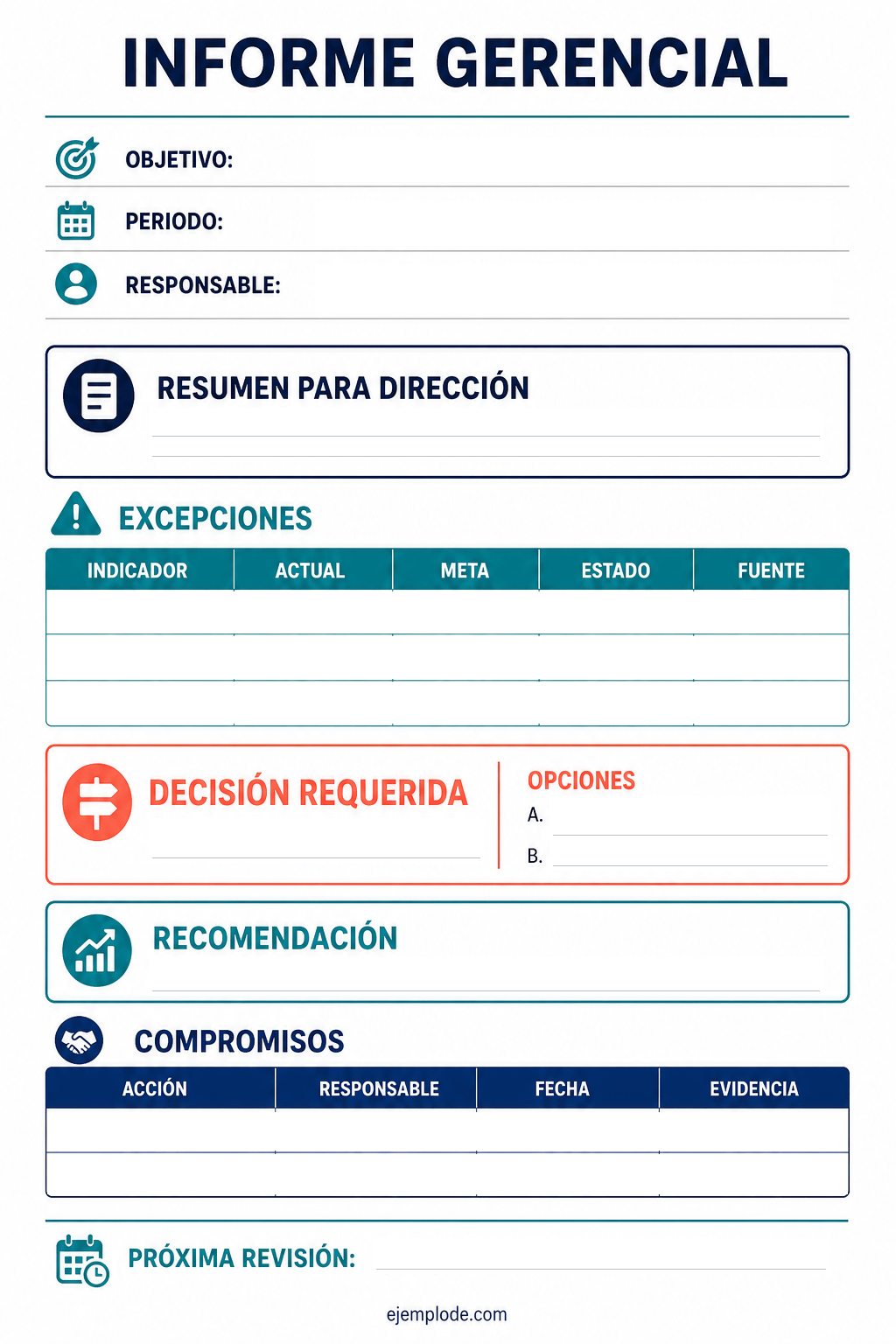 Formato vacío de informe gerencial con excepciones y decisión requerida