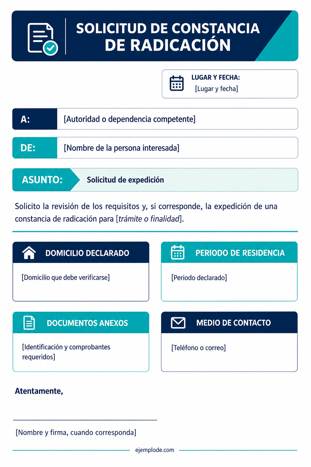 Formato vacío para solicitar una constancia de radicación, residencia o vecindad