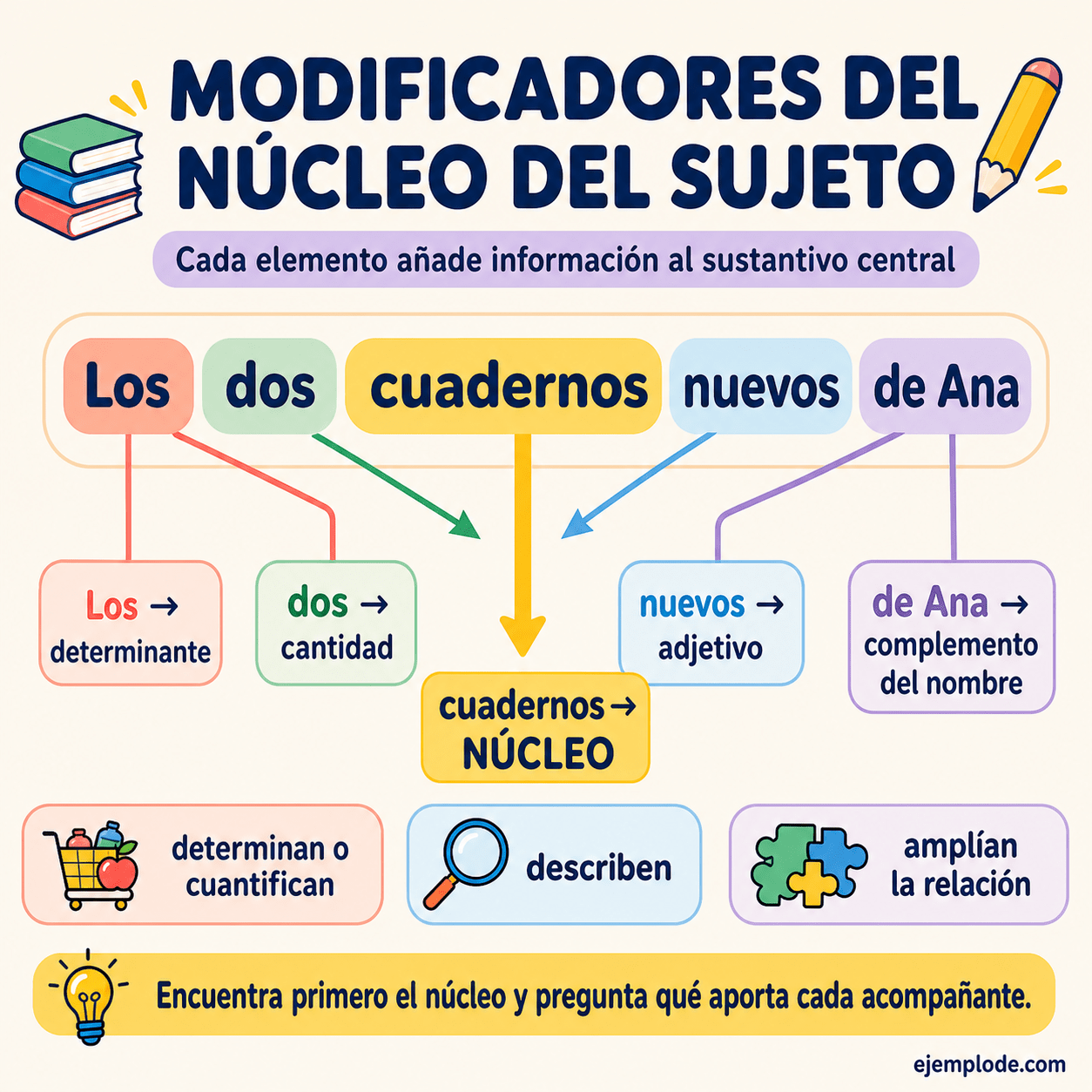 Infografía educativa sobre Modificadores del núcleo del sujeto con ejemplos y claves de reconocimiento