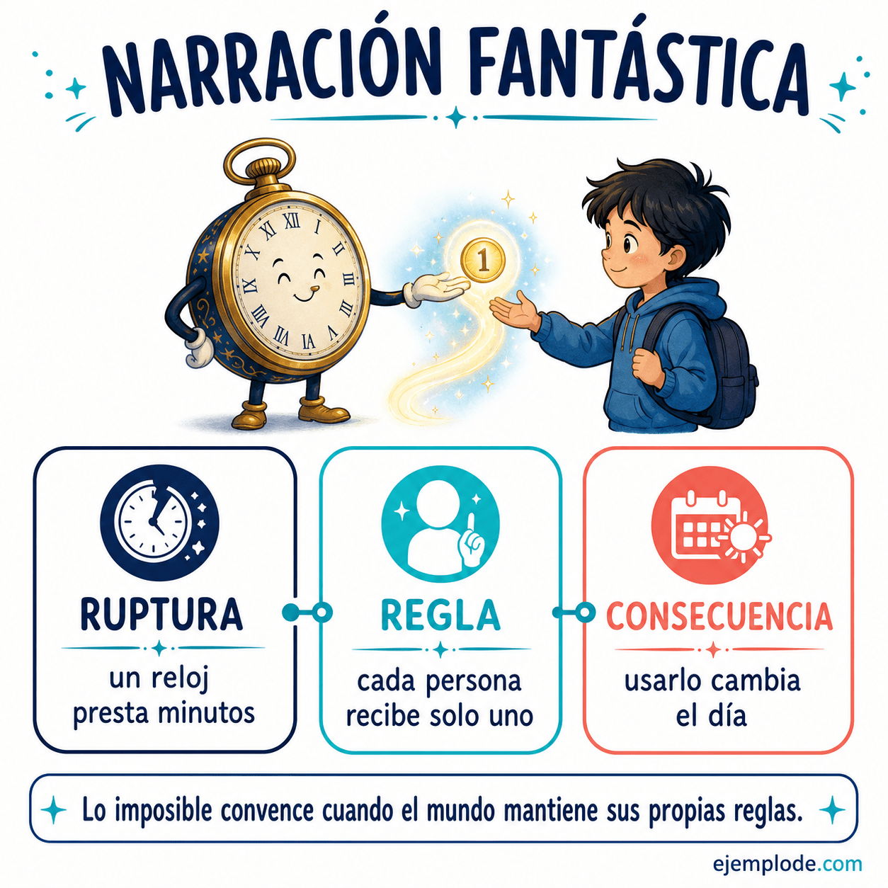 Explicación visual de Narración fantástica con un ejemplo didáctico