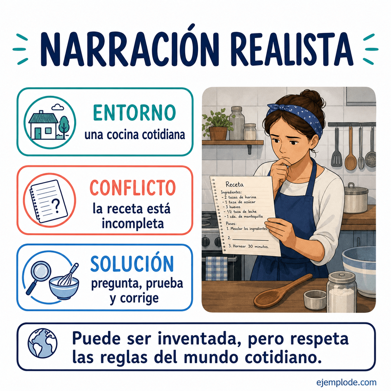 Explicación visual de Narración realista con un ejemplo didáctico